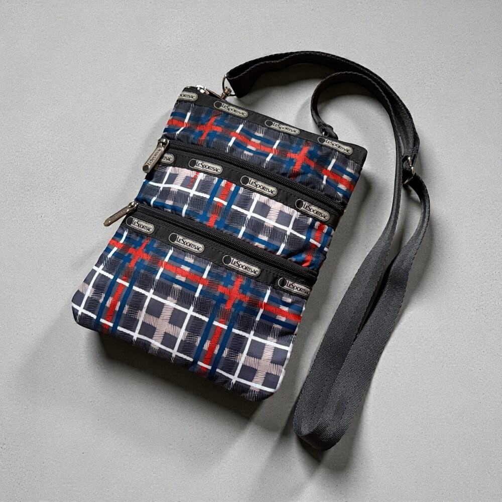 LeSportsac 3-Zip Adjustable Crossbody Bag Travel Small Multi-Color Plaid Nylon - Picture 2 of 9